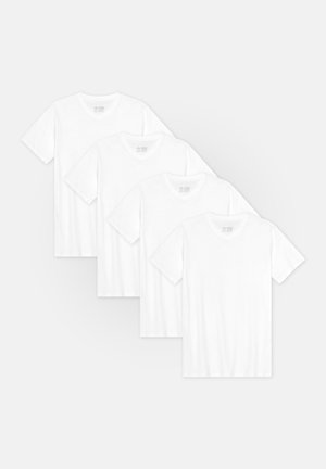 Quatre t-shirts blancs à manches courtes avec un col en V, en coton. Ils présentent une texture lisse et une coupe régulière.