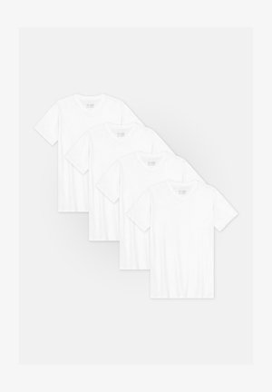 Quattro t-shirt bianche a maniche corte con scollo a V, realizzate in cotone. Presentano una texture liscia e una vestibilità regolare.