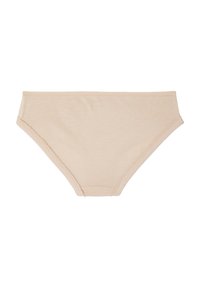 Beige Damen-Baumwollunterwäsche im Bikini-Stil mit elastischem Bund und Beinausschnitten, schlichtes Design, flach auf weißem Hintergrund ausgelegt.
