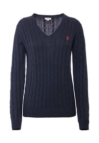 Maglione blu navy a treccia con scollatura a V, maniche lunghe e polsini e orlo a coste. Presenta un piccolo logo rosso sul lato sinistro del petto.