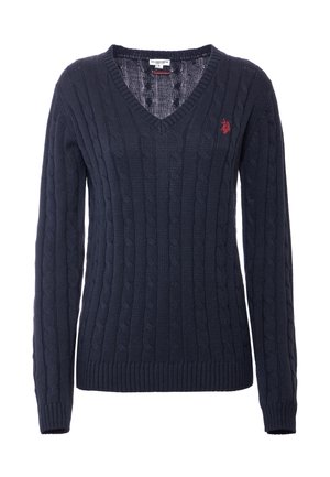 Maglione blu navy a treccia con scollatura a V, maniche lunghe e polsini e orlo a coste. Presenta un piccolo logo rosso sul lato sinistro del petto.