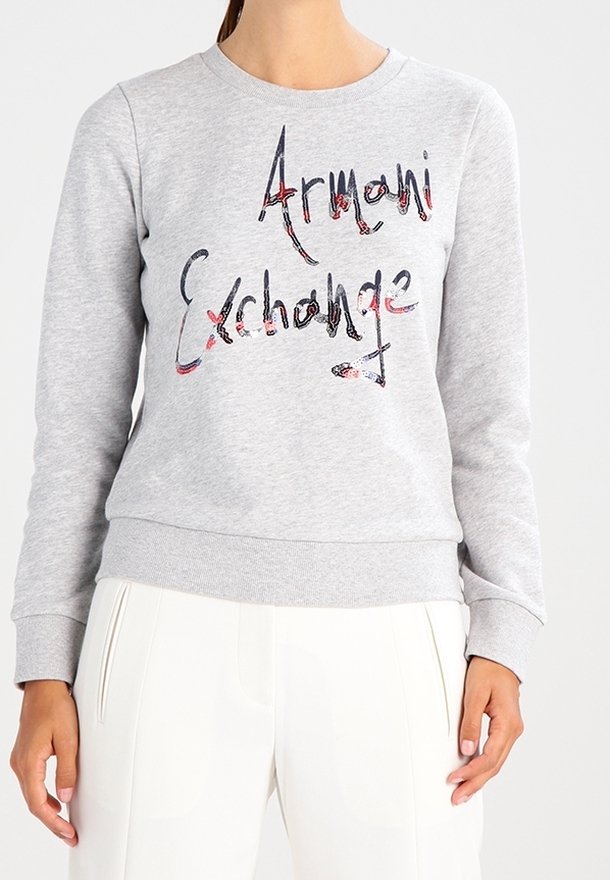 Felpa grigia con scollo rotondo e maniche lunghe, caratterizzata dal testo "Armani Exchange" in un design grafico multicolore. Materiale misto cotone.