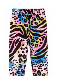 Leggings im Tierdruck mit einem lebhaften Muster in Pink, Schwarz, Gelb und Blau. Hergestellt aus dehnbarem Stoff, mit einem elastischen Bund für zusätzlichen Komfort.
