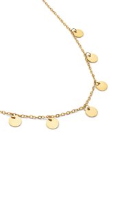 Goldene Kettenhalskette mit kleinen, gleichmäßig entlang der Länge verteilten runden Anhängern, die eine glatte, glänzende Oberfläche und ein leichtes Design aufweisen.