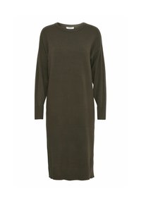 Abito maglione in verde oliva scuro, con collo rotondo, maniche lunghe e texture a costine ai polsini e all'orlo. Silhouette semplice e dritta.