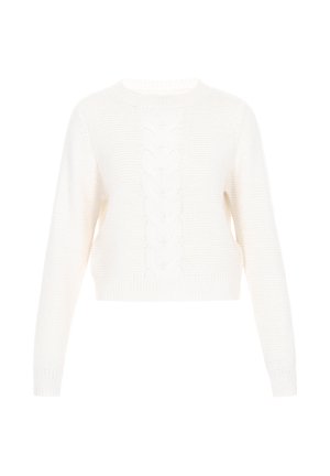 White knitted sweater with long sleeves and a central cable knit pattern, featuring a ribbed crew neckline and hem.