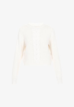 Pulover alb tricotat cu mâneci lungi și un model central de tricotare în cablu, având un guler rotund cu bordură și un tiv ribat.