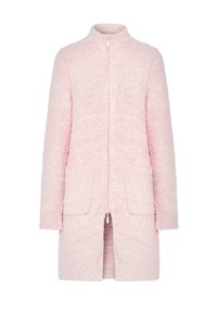 Cárdigan rosa largo y esponjoso con cremallera, de mangas largas y dos bolsillos frontales, fabricado en un suave tejido texturizado.