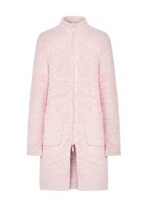 Cárdigan rosa largo y esponjoso con cremallera, de mangas largas y dos bolsillos frontales, fabricado en un suave tejido texturizado.