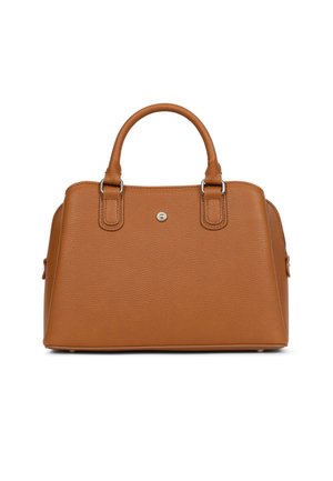 Sac à main en cuir marron moyen avec deux poignées, bords arrondis et un petit bouton métallique rond au centre devant.
