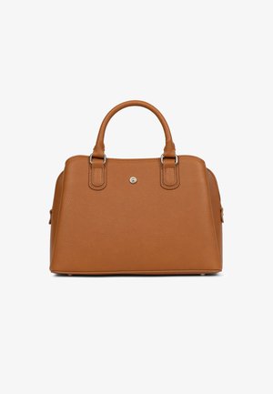 Sac à main en cuir marron moyen avec deux poignées, bords arrondis et un petit bouton métallique rond au centre devant.
