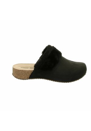 Black slip-on clogs with a soft, fur-lined upper and a cork-like sole. Rounded toe design with a textured outsole for grip.