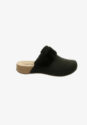Black slip-on clogs with a soft, fur-lined upper and a cork-like sole. Rounded toe design with a textured outsole for grip.