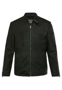 Schwarze Lederjacke mit hochschließendem Kragen, frontaler Reißverschluss, zwei Seitentaschen mit Reißverschlüssen, glatte Textur und minimalen Nähten.