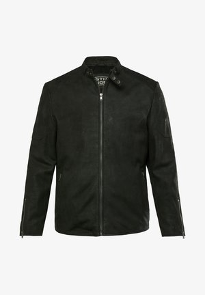 Giubbotto in pelle nera con colletto alto, chiusura frontale con zip, due tasche laterali con zip, texture liscia e dettagli di cucitura minimali.