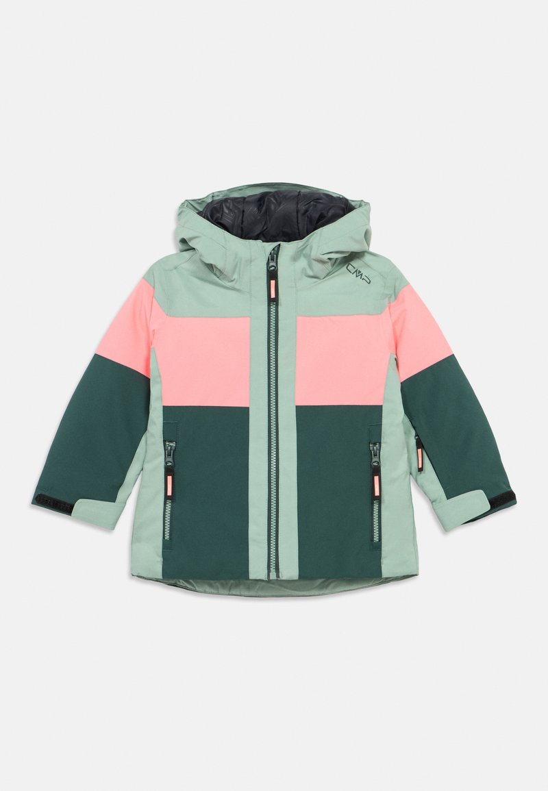 Chaqueta de invierno con capucha para niños, con cremallera frontal, bolsillos laterales con cremallera y bloques de color en verde menta, rosa y verde oscuro.