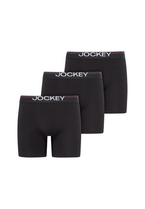Drei schwarze Boxershorts der Marke Jockey, in versetzter Reihe angeordnet, mit gebrandeten Taillenbändern.