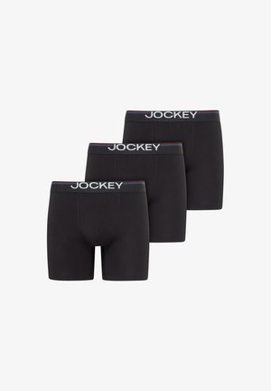 Drei schwarze Boxershorts der Marke Jockey, in versetzter Reihe angeordnet, mit gebrandeten Taillenbändern.