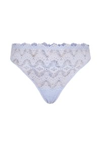 Lace thong in light blue with scalloped edges, featuring intricate floral patterns and a smooth lining for comfort.