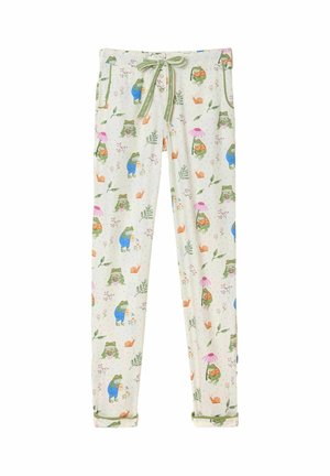 Bawełniane spodnie do piżamy z jasnokremowym tłem ozdobione kolorowymi wzorami żab i ślimaków, elastyczną talią oraz regulowanym sznurkiem.