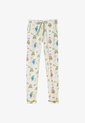 Pantalon de pyjama en coton avec un fond crème clair orné de motifs de grenouilles et d'escargots colorés, taille élastique et cordon de serrage réglable.