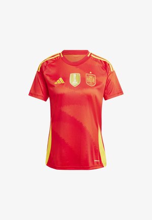 Red sports jersey with yellow accents, featuring the FIFA Women's World Cup logo and Spain's national emblem. Short sleeves, round neck.