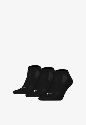 Schwarze Knöchelsocken, drei Paare, mit einem gerippten Muster, Netzpaneelen für Atmungsaktivität und einem kleinen weißen Logo an der Seite.