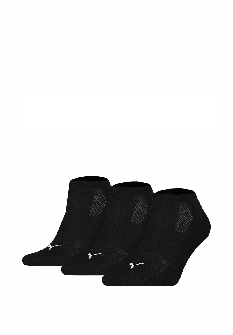 Zwarte enkelsokken, drie paren, met een geribbeld textuur, gaaspanelen voor ademend vermogen en een klein wit logo aan de zijkant.