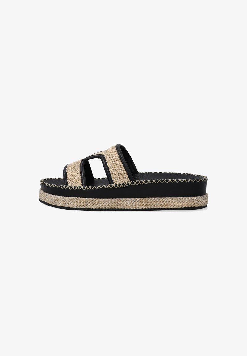 Woven straw slide sandals with two cut-out openings, black trim, and a textured beige upper. Features a thick, textured sole.