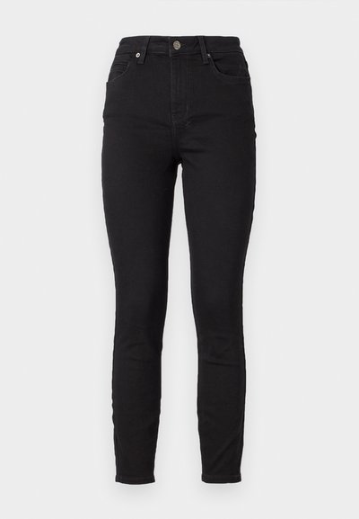 Pantalones vaqueros ajustados negros de denim con cintura alta, que cuentan con bolsillos frontales, cierre de botón y un sutil detalle de costura en las costuras.