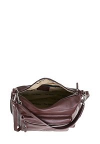 Borsa a mano in pelle marrone con superficie texture, scomparto principale con zip e tasca esterna con zip. L'interno presenta una fodera con motivo del logo.