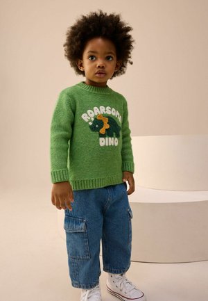 Grüner Strickpullover mit dem Schriftzug "Roarsome Dino" und Dinosaurier-Grafik. Kombiniert mit blauen Denim-Cargohosen und weißen Turnschuhen. Strukturierter Strick.