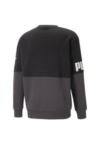 Czarna i szara bluza z okrągłym dekoltem, długimi rękawami i prążkowanym dołem. Na rękawie duży napis "PUMA" oraz design z blokami kolorów.