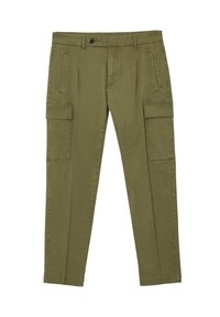 Olivgrüne Cargo-Hose aus Baumwolle, mit zwei seitlichen Taschen und zwei Cargo-Taschen, gerader Schnitt und Knopfverschluss.