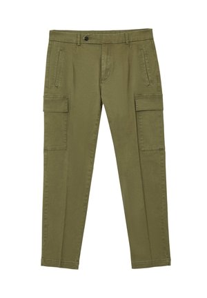 Olivgrüne Cargo-Hose aus Baumwolle, mit zwei seitlichen Taschen und zwei Cargo-Taschen, gerader Schnitt und Knopfverschluss.