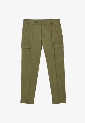 Olivgrüne Cargo-Hose aus Baumwolle, mit zwei seitlichen Taschen und zwei Cargo-Taschen, gerader Schnitt und Knopfverschluss.