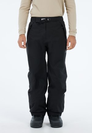 Black weather-resistant pants with a padded design, adjustable belt, and zippered pockets. Features elastic cuffs and reinforced hems.