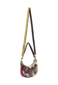 Multicolore crossbody tas met een patchwork ontwerp van diamanten vormen, glanzende textuur, verstelbare banden in donkerbruin en geel, en gouden accenten.