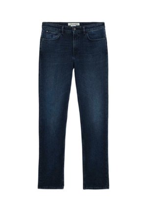 Donkerblauwe denim jeans met een recht model, vijf zakken, een knoopsluiting en zichtbare stikseldetails.