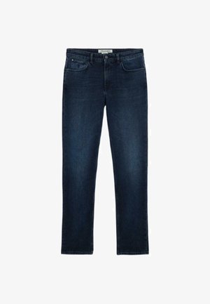 Donkerblauwe denim jeans met een recht model, vijf zakken, een knoopsluiting en zichtbare stikseldetails.