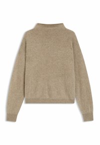 Beige stickad tröja med hög krage, långa ärmar och en mjuk, strukturerad yta. Har en avslappnad passform samt ribbade fållar och ärmslut.