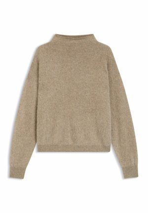 Beige gebreide trui met een hoge hals, lange mouwen en een zachte, textuurafwerking. Heeft een casual pasvorm en ribgebreide zoom en manchetten.