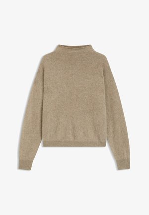 Beige gebreide trui met een hoge hals, lange mouwen en een zachte, textuurafwerking. Heeft een casual pasvorm en ribgebreide zoom en manchetten.