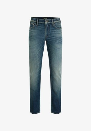 Blauwe denim jeans met een rechte snit, vervagingdetails, een knoopsluiting en vijf zakken. De stof heeft een gladde textuur.