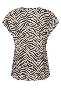 Top con stampa zebra in beige e nero; maniche a sbuffo, scollatura rotonda, vestibilità morbida, texture soffice e design con orlo curvo.