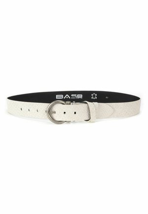 Ceinture en cuir blanc texturé avec une boucle ronde argentée et plusieurs trous de réglage, marque BA98 Cologne, taille 85.