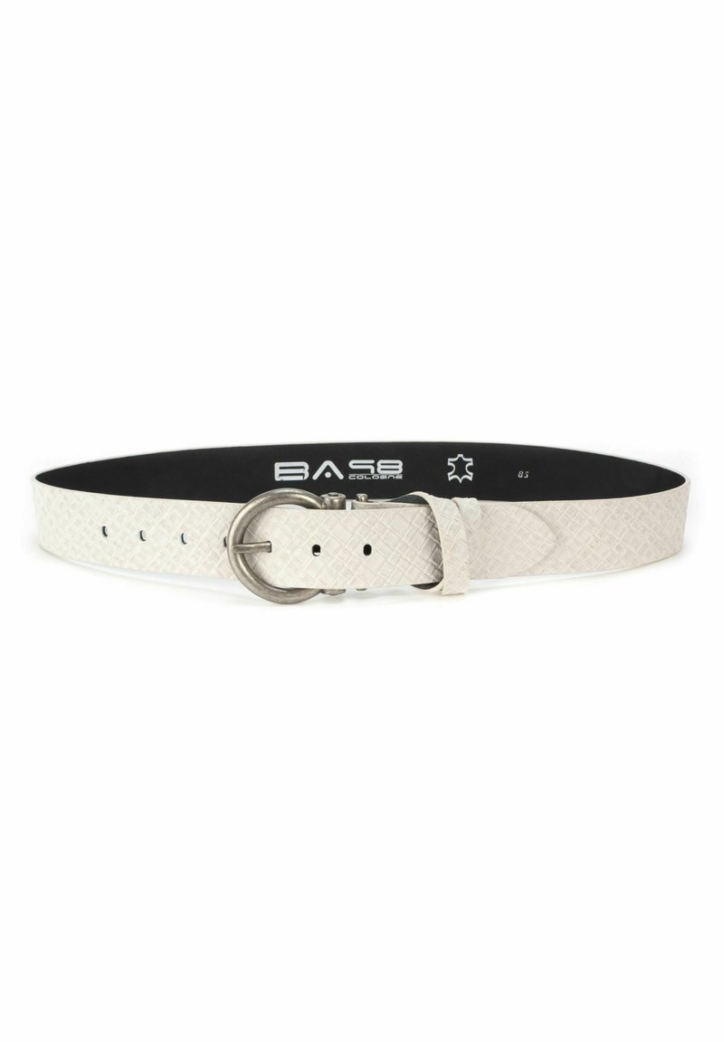 Ceinture en cuir blanc texturé avec une boucle ronde argentée et plusieurs trous de réglage, marque BA98 Cologne, taille 85.