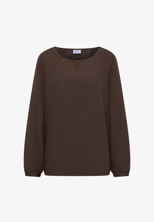 Bruine blouse met lange mouwen, ronde halslijn, knoopdetail aan de voorkant en elastische zoom en manchetten. Soepele, lichte stof.