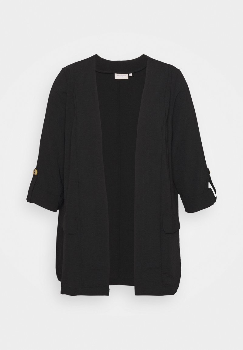 Schwarzer, offen vorne getragener Cardigan mit dreiviertel Ärmeln, zwei Seitentaschen und aufrollbaren Knopfdetails. Hergestellt aus leichtem, strukturiertem Stoff.