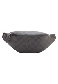 Brown checkered fanny pack made of textured synthetic material, featuring a zippered closure and logo detail on the front.